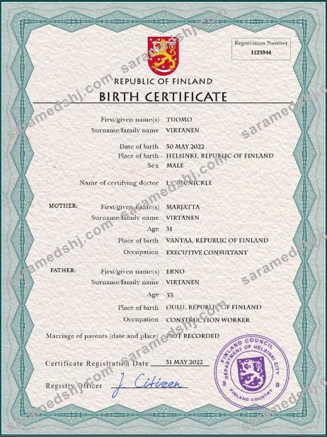 Finland vital record birth certificate PSD template